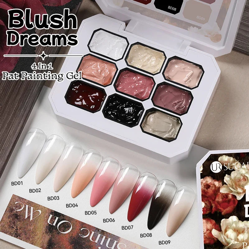 Blushimmer UR Sugar 9-color gradient painting gel for nail art, featuring vibrant gradient colors and DIY design for nail stamping patterns.