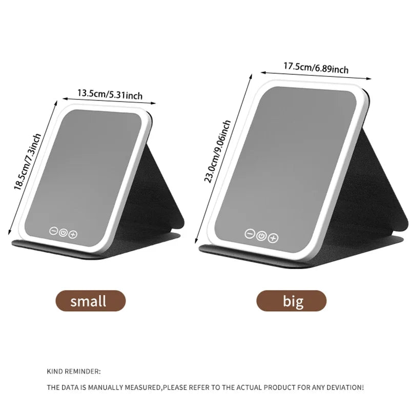 Blushimmer dimmable LED makeup mirror with touch screen, foldable design, rechargeable, in three colors, ideal for travel and home use.