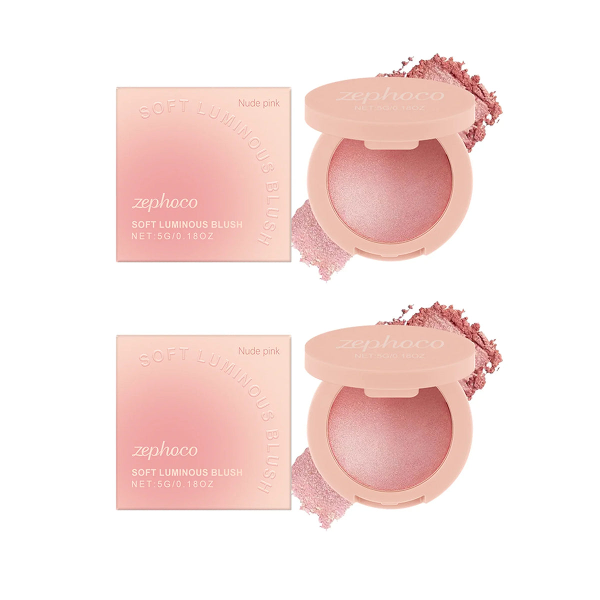 Blushimmer Pearl Blush with soft pink powder for a natural, radiant finish, featuring buildable, long-lasting light pink blush.