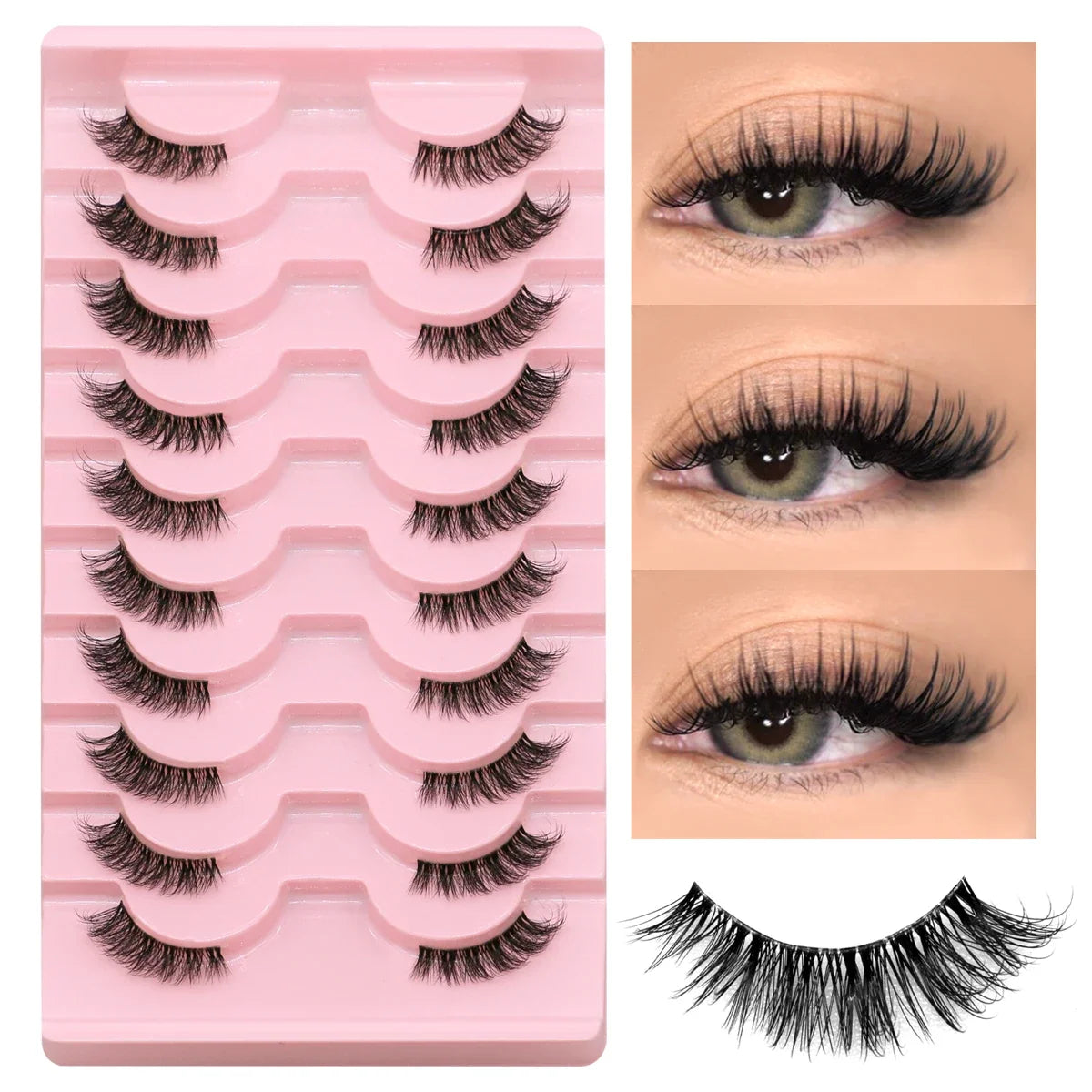 Blushimmer GROINNEYA half lashes with soft, natural faux mink wispy design and clear band for a subtle, natural eyelash extension look.