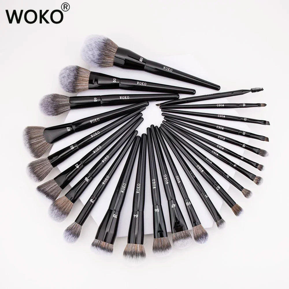 Blushimmer makeup brushes set with foundation, highlighter, blush, eyeshadow, and lip brushes for professional cosmetic application.