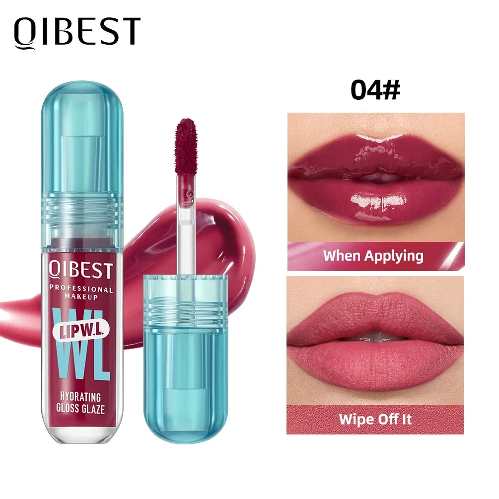 Blushimmer QIBEST Hydrating Crystal Lip Gloss with a water-glazed finish, featuring a long-lasting, moisturizing tint on smooth lips.