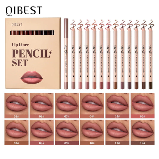 Blushimmer 12-color matte lipstick and lipliner set with nude shades, waterproof, non-drying, and plumping for lip contour makeup.