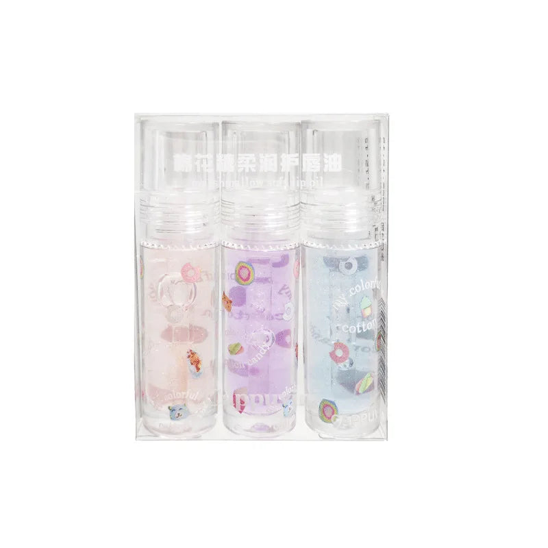 Blushimmer 3-pack transparent glitter lip gloss set with clear, color-changing water-light lip glaze and moisturizing lip oils in jelly form
