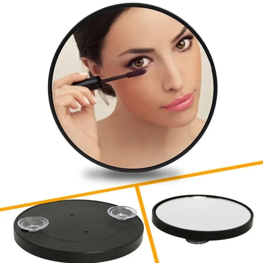 Blushimmer round magnifying makeup mirror with suction cup, available in 5X, 10X, and 15X magnifications for shaving and beauty.
