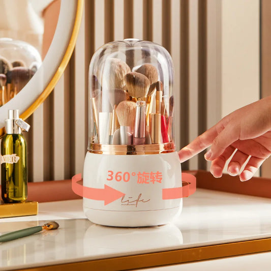 Blushimmer luxury rotating makeup brush holder with dustproof design, storing lipsticks and eyebrow pencils in an elegant organizer.