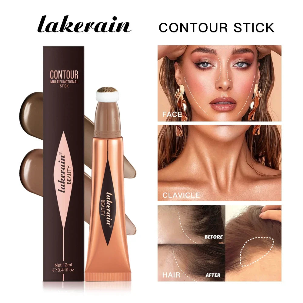 Blushimmer liquid contouring highlighter stick with matte finish, brightening primer, nose shadow, and small V face blush for highlighting.