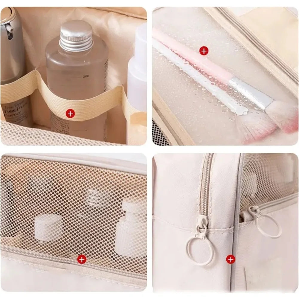 Large capacity Blushimmer travel cosmetic bag with hanging hook, waterproof toiletry washbag, ideal for female bathroom storage and makeup.