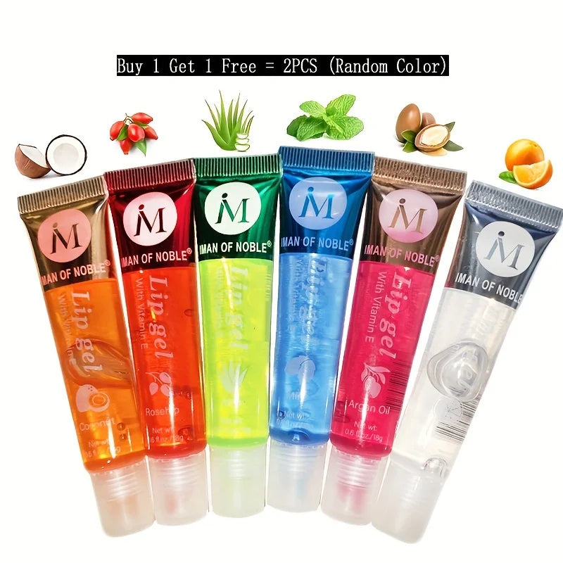 Set of 6 Blushimmer moisturizing clear lip glosses with rosehip, argan, peppermint, aloe, and coconut flavors, translucent and plumping.