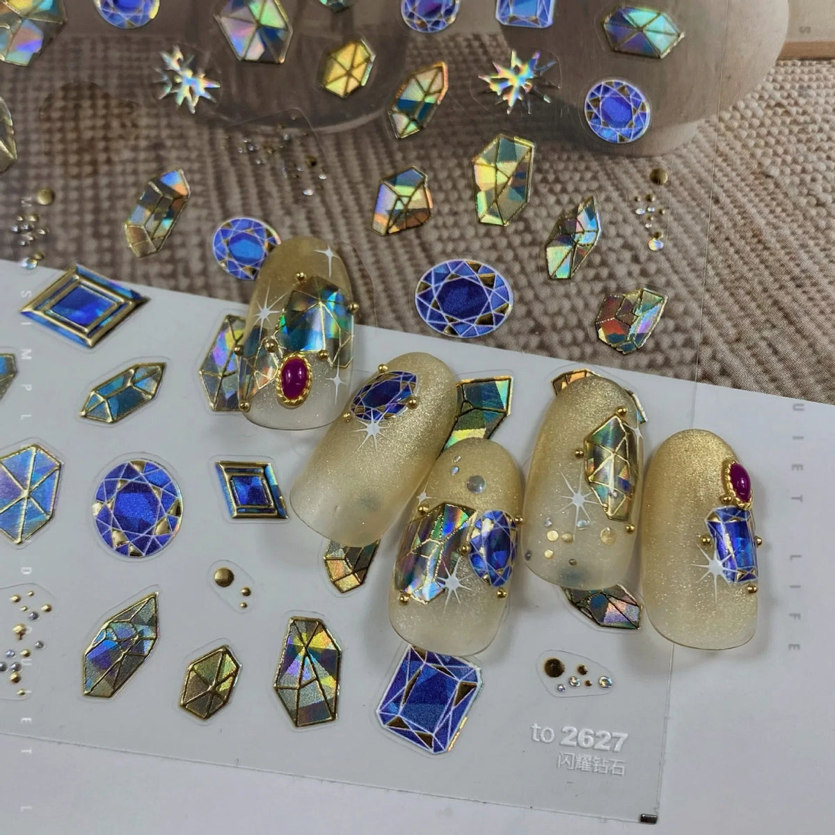 Colorful Cat's Eye 5D gradient European love heart gem nail art stickers with crystal geometric designs for manicure decoration.
