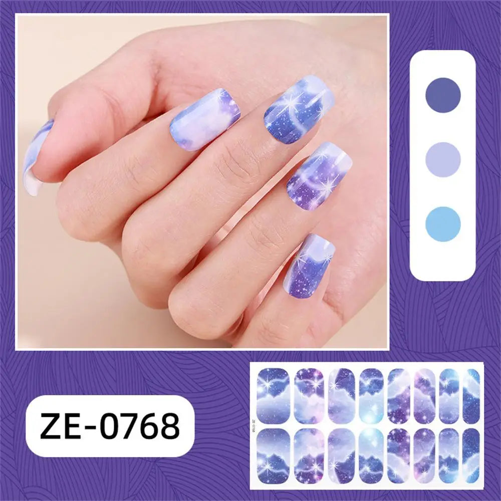 Gradient cat eye nail art stickers by Blushimmer, 16-piece waterproof glitter false nail decals shown on a hand.