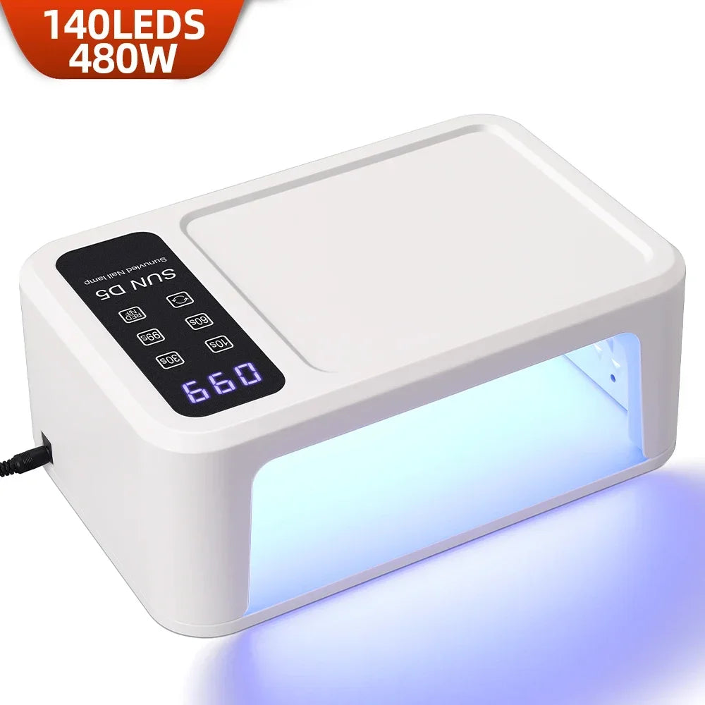 Blushimmer 480W UV LED Nail Lamp with 140 LEDs and LCD screen for drying gel nail polish in salon manicure settings.