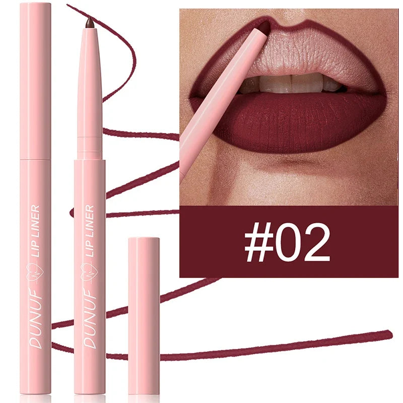Blushimmer velvet matte lip liner pencil in soft nude and red brown shades, featuring a waterproof, plumping lip contour product.