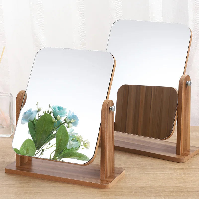 Blushimmer dresser vanity makeup mirror with wood stand, 360-degree rotating compact cosmetic mirror for portable use and beauty routines.