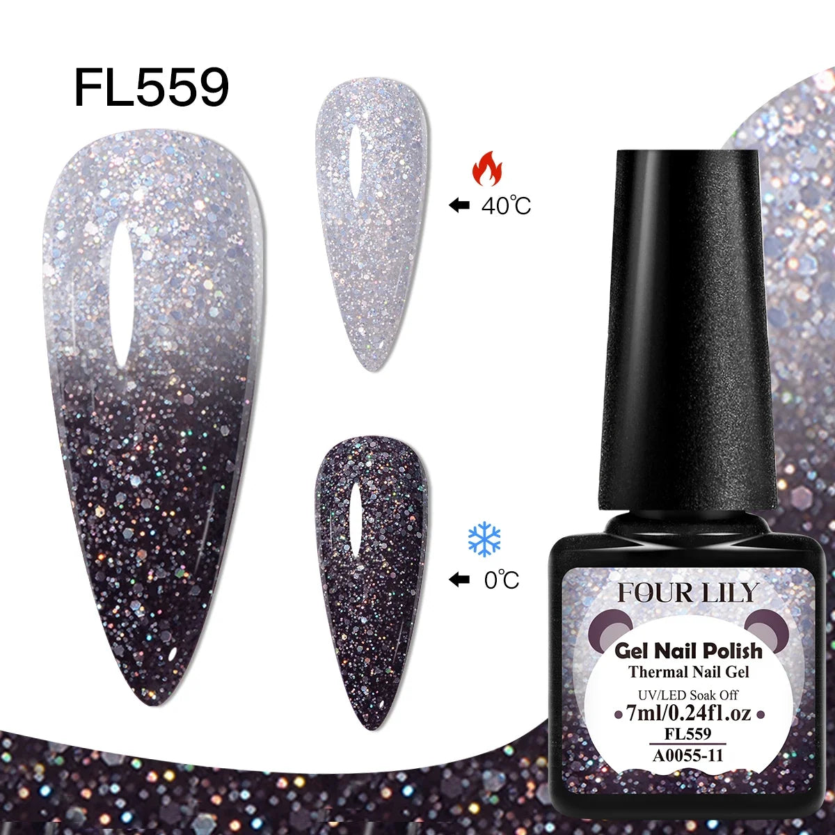 Blushimmer Four Lily 7ml thermal nail gel polish set with three color-changing semi-permanent UV/LED gels for manicure designs.