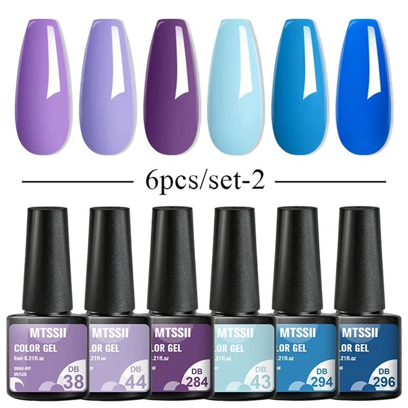 Set of six Blushimmer sparkly red gel nail polishes with shiny finish, ideal for LED and UV gel nail art and manicures