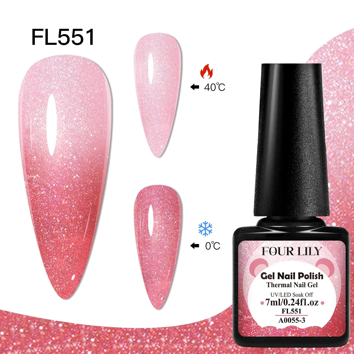 Blushimmer Four Lily 7ml thermal nail gel polish set with three color-changing semi-permanent UV/LED gel for manicure design.