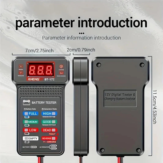 Smart car battery tester by BackupMyFilesNow.com showing digital display, used for quick diagnosis of car battery health and capacity