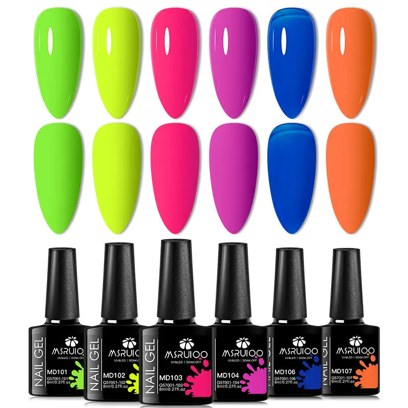 Blushimmer 6-piece nail gel polish set with vibrant, semi-permanent UV gels for salon or DIY manicures in various colors.