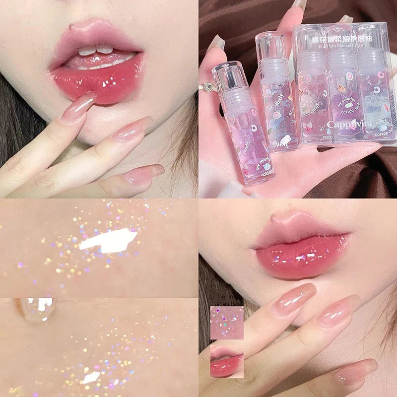 Set of three transparent glitter lip glosses by Blushimmer with clear water light, moisturizing, color-changing lip oils and jelly lipsticks.