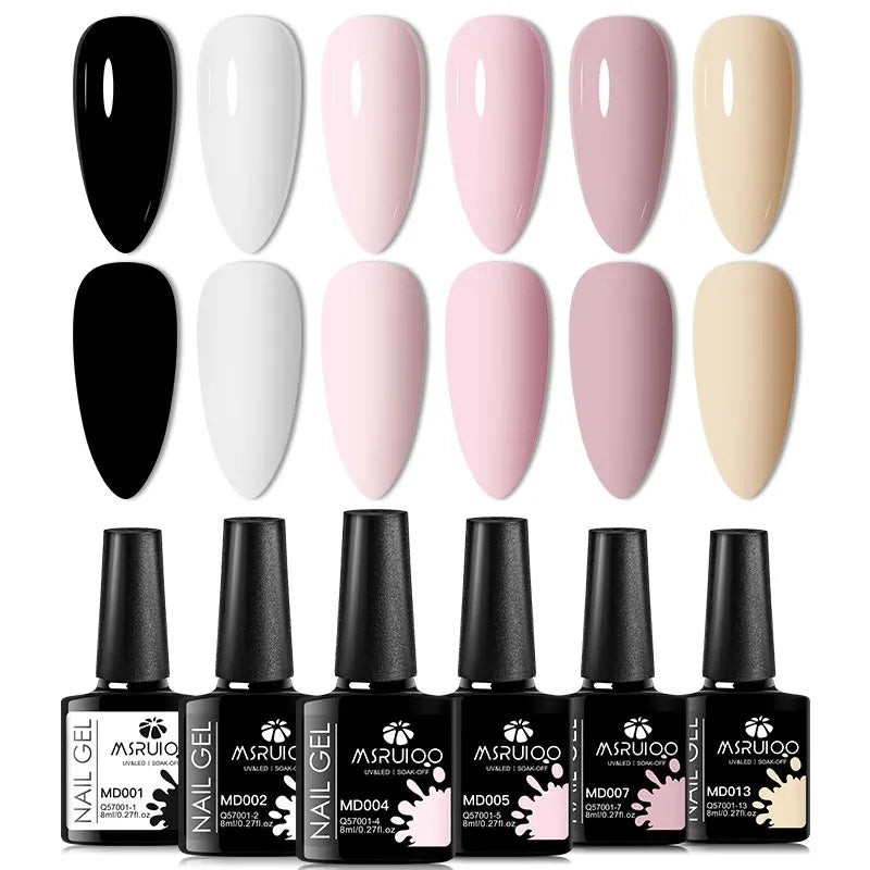 Blushimmer 6-piece nail gel polish set with vibrant, semi-permanent UV gel for all-season manicure and DIY nail designs.
