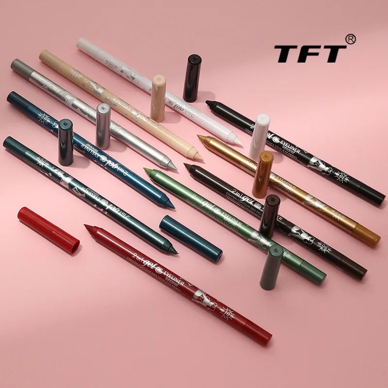 Blushimmer waterproof gel eye liner pen in vibrant blue, black, and white pigments, ideal for long-lasting eye makeup.