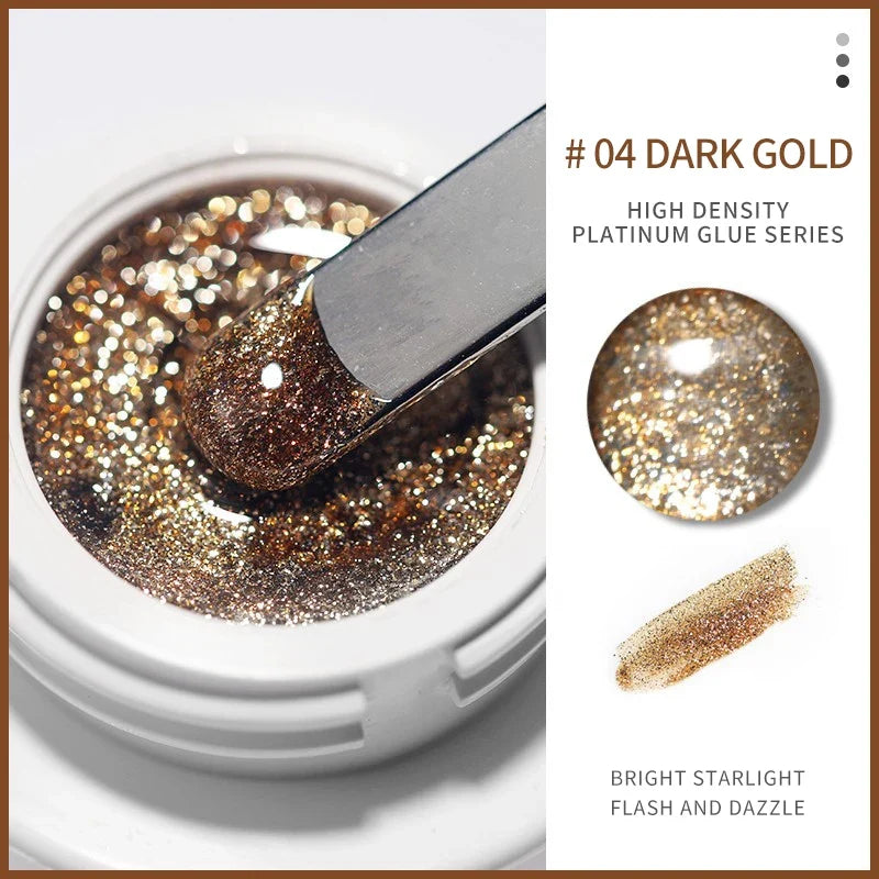 Silver and gold metallic nail gel polish by Blushimmer with UV glitter and reflective finish, ideal for professional nail art and soak-off manicures.
