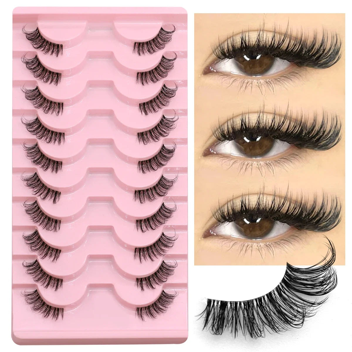 Blushimmer GROINNEYA half lashes with soft faux mink fibers, wispy natural look, clear band for lightweight eyelash extension makeup.