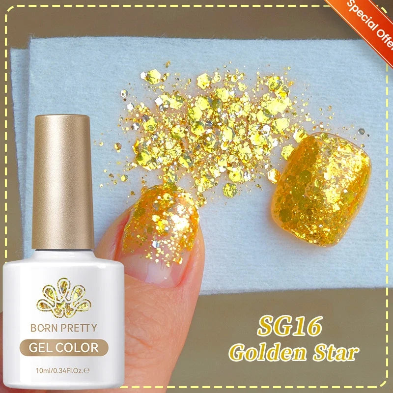 Silver glitter gel nail polish by Blushimmer, 10ml bottle with sparkling, reflective finish for UV nail art and shiny manicures.