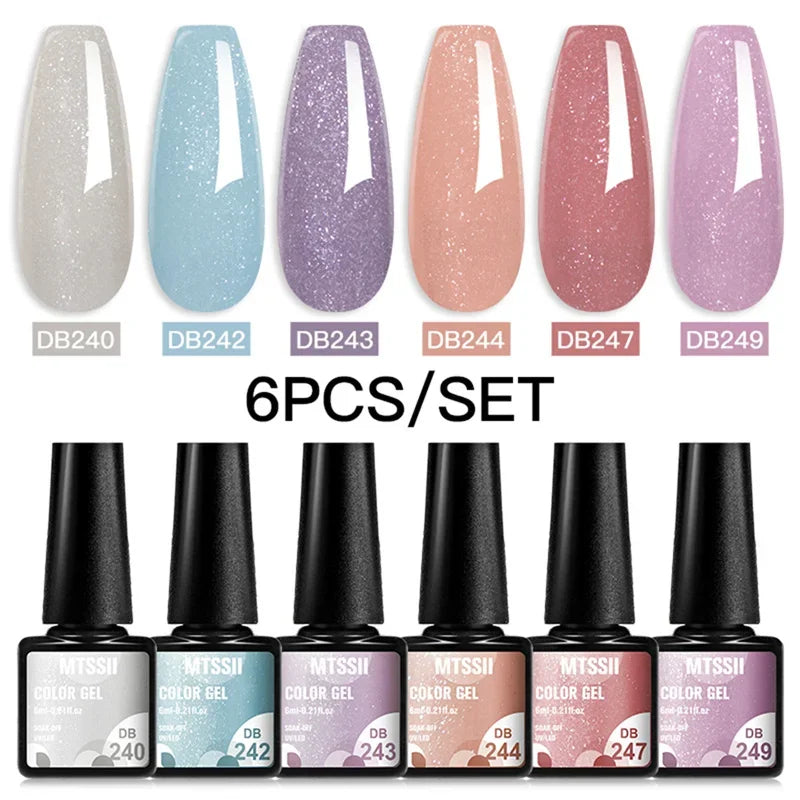 Blushimmer MTSSII 6-piece set of sparkly red gel nail polish bottles with shiny, glittery finish for manicure and nail art.