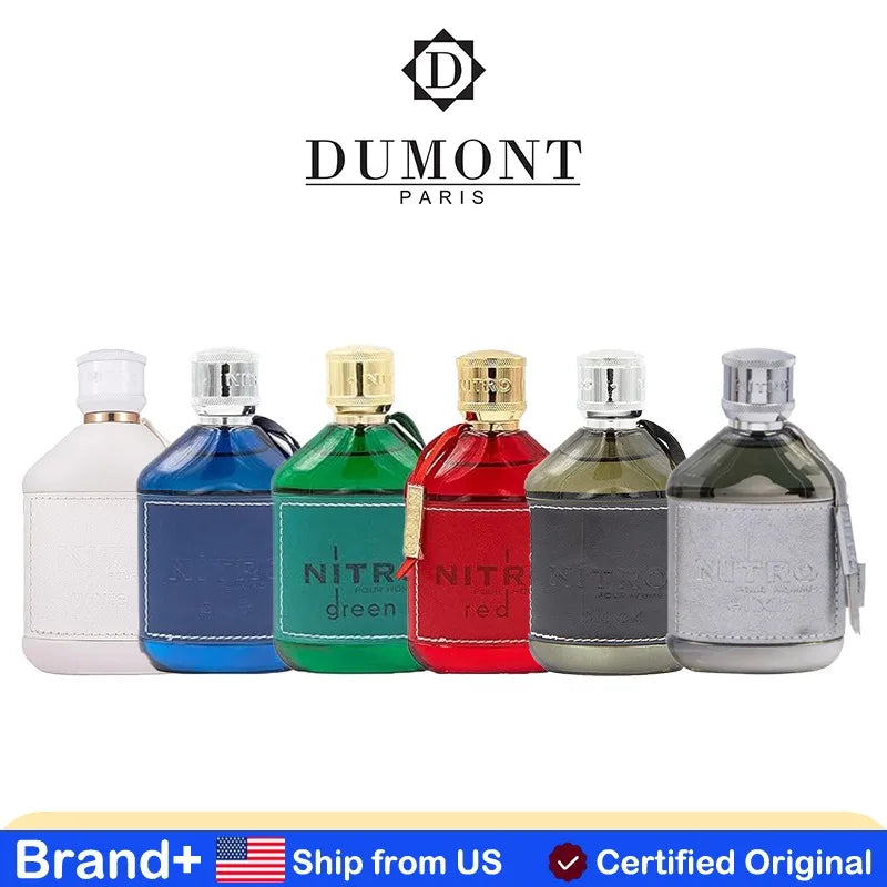 Blushimmer Dumont Nitro Elixir perfume bottle with black, white, blue, green, and red accents, 100ML, long-lasting Arabic cologne.