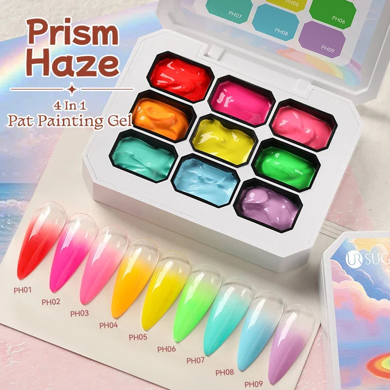Blushimmer UR Sugar 9-color gradient painting gel for nail art, used for DIY gradient designs and stamping patterns on nails.