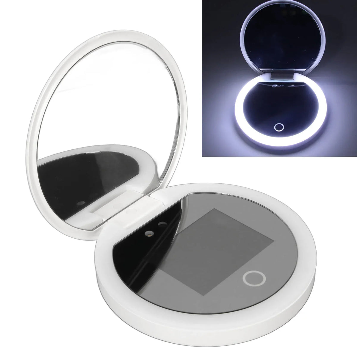 Blushimmer UV mirror sunscreen testing camera with light, 2X magnification, travel-sized pocket device for makeup and skin analysis.