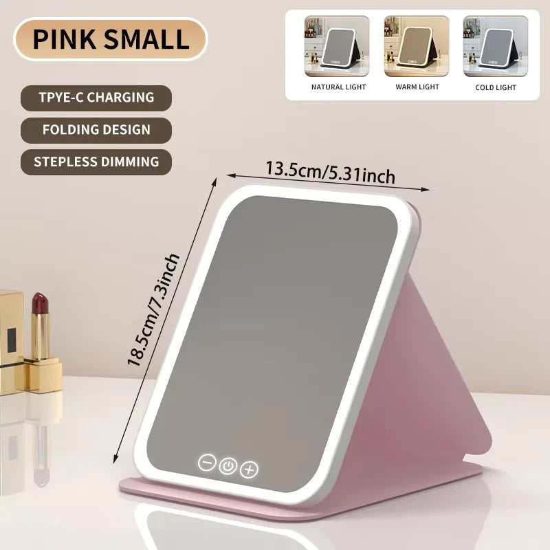 Blushimmer dimmable LED makeup mirror with touch screen, foldable design, rechargeable, suitable for travel and home use