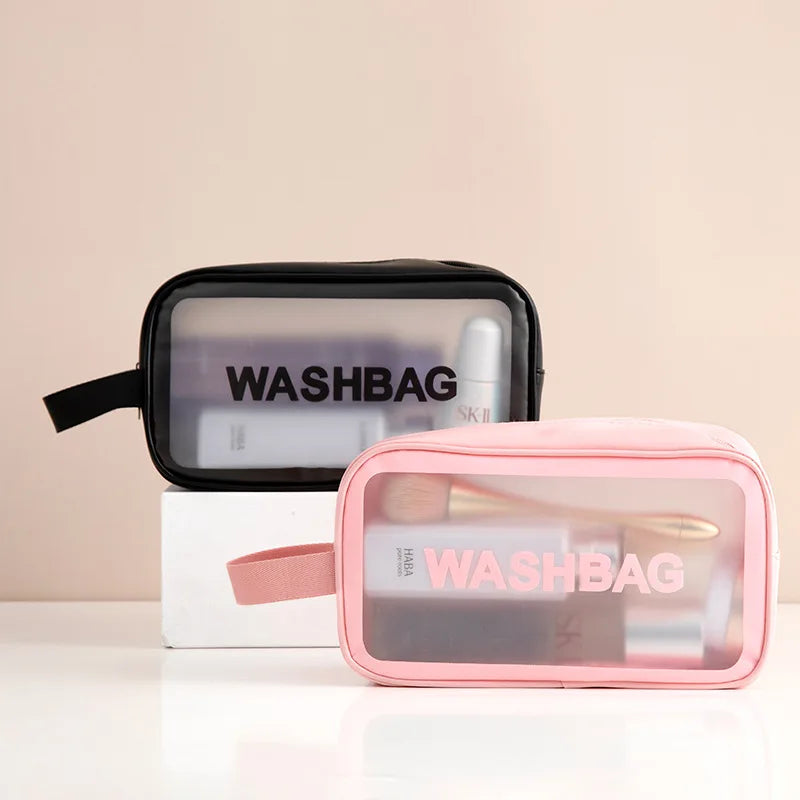 Transparent waterproof travel wash bag by Blushimmer, large capacity cosmetic organizer for women with multiple compartments.