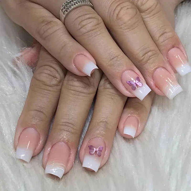 Set of 24 Blushimmer square head fake nails with pink-white gradient French press design and jelly glue, short full cover false nail tips.