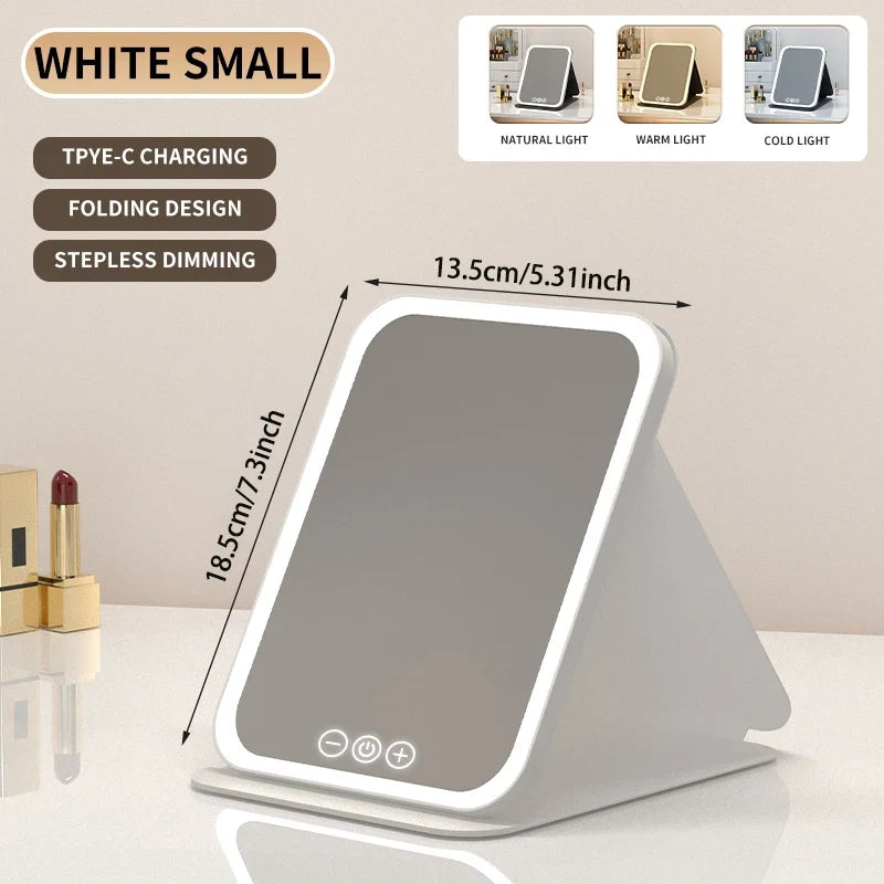 Blushimmer dimmable LED makeup mirror with touch screen, foldable design, rechargeable, in three colors, for travel and home use.