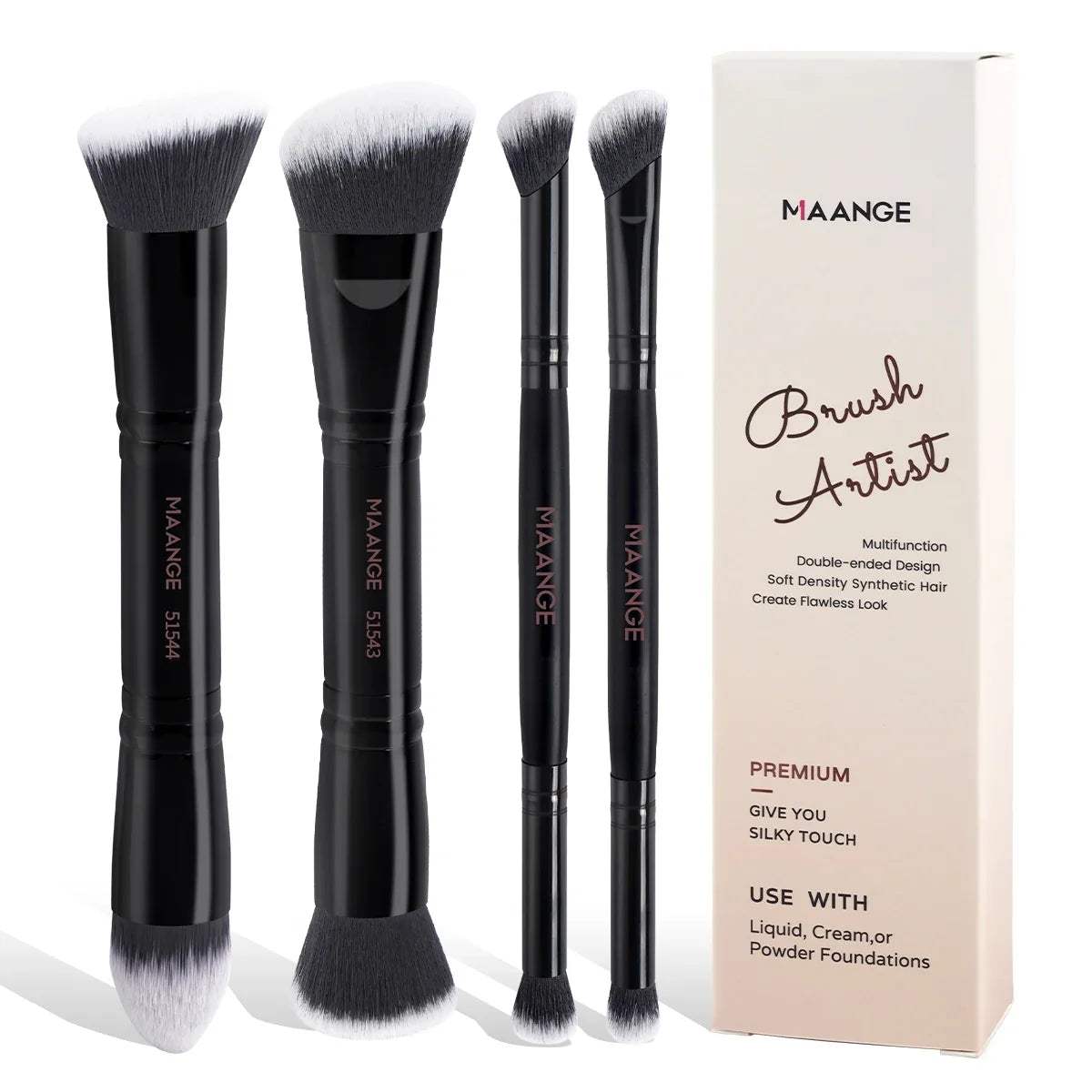 Set of four Blushimmer basic makeup brushes with dual-ended foundation, powder, blush, and eye shadow brushes in a travel box.
