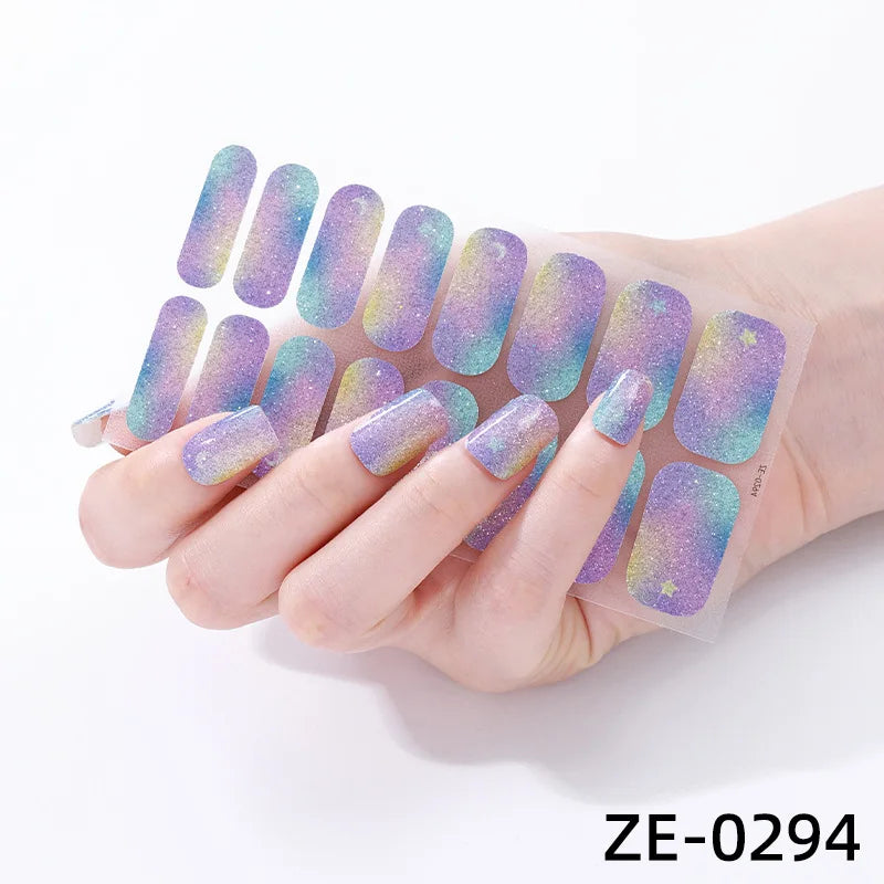 Gradient cat eye style nail art stickers by Blushimmer, 16-piece waterproof glitter false nail decals on a black background.