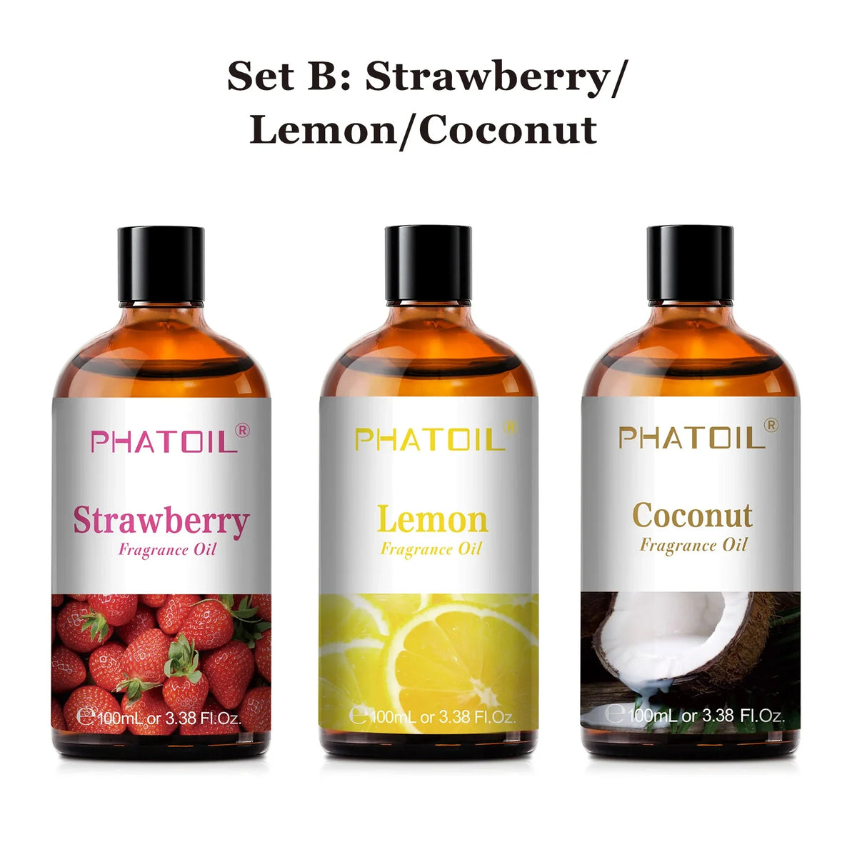 Blushimmer PHATOIL aromatherapy fragrance oil set with coconut, vanilla, strawberry, cherry, and lemon scents for diffusers and candles.