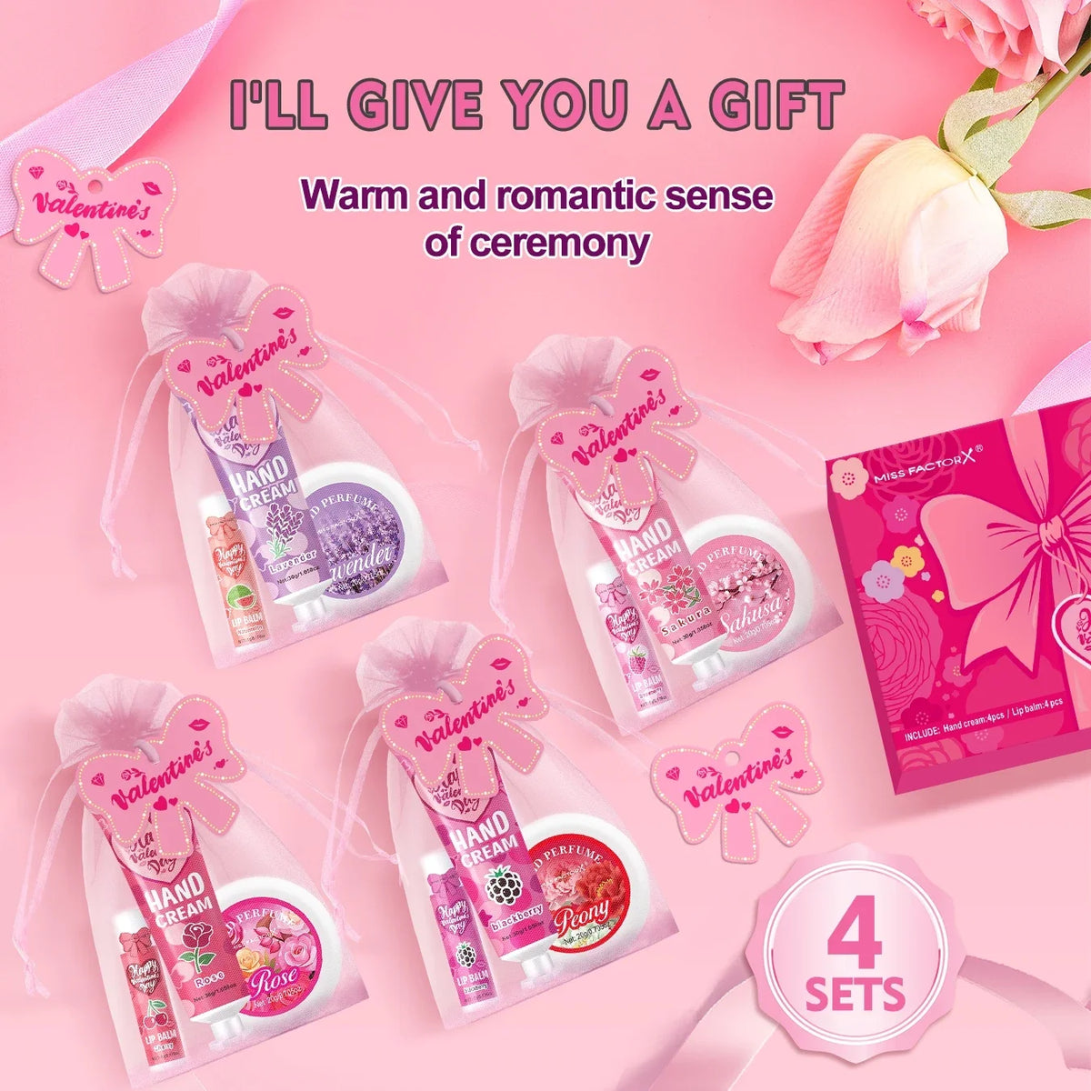 Blushimmer gift set with 20pcs of lip balm, hand cream, perfume, pink gift bag, bow, and thank you card in a colorful box.