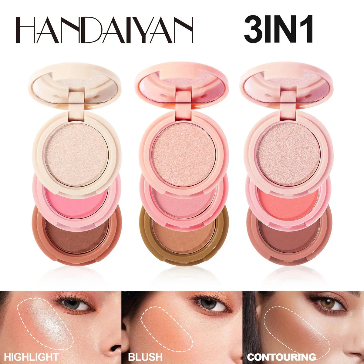 Blushimmer 3-in-1 matte highlighter, contour, and blush palette with pearly shiny face powders for professional makeup application.