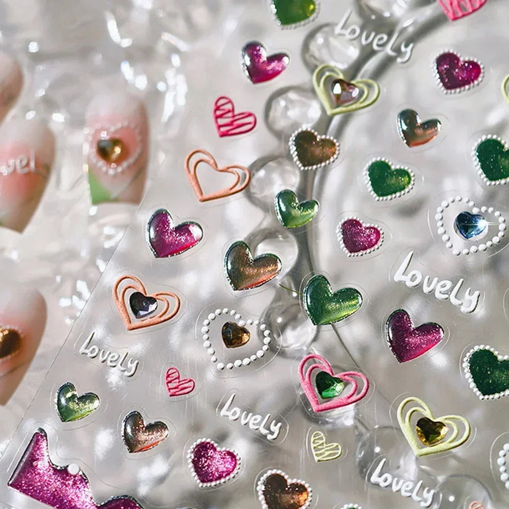 Colorful Cat's Eye 5D gradient European love heart gem nail art stickers by Blushimmer, featuring geometric wing shapes for manicure decoration.