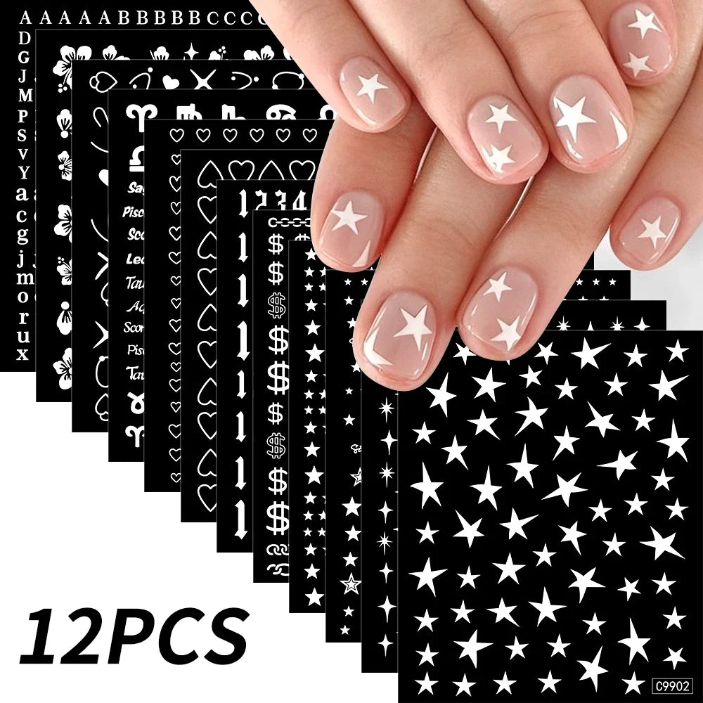 Set of 12 colorful cartoon dog and cat nail art stickers by Blushimmer, featuring 3D graffiti-style designs on self-adhesive decals.