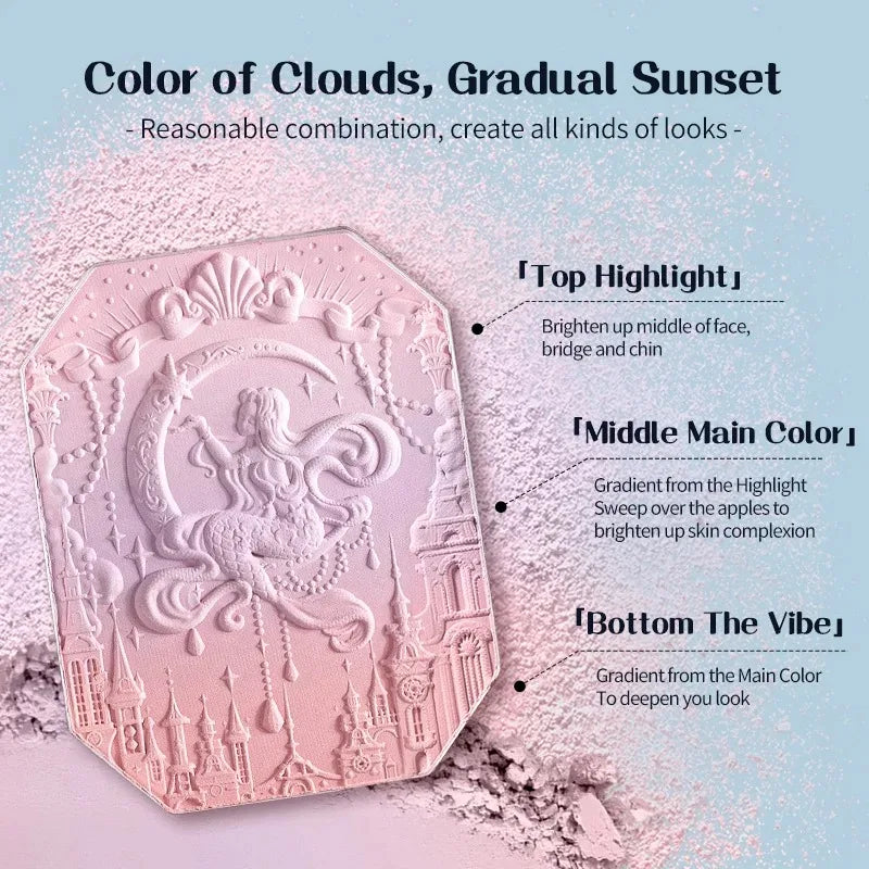 Blushimmer Flower Knows Moonlight Mermaid blush powder with gradient shades, matte finish, vegan, cruelty-free private label makeup.