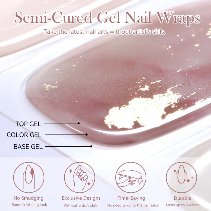 Blushimmer 20Tips Gradient French semi-cured gel nail sticker set with full cover wraps for manicures, UV lamp needed.