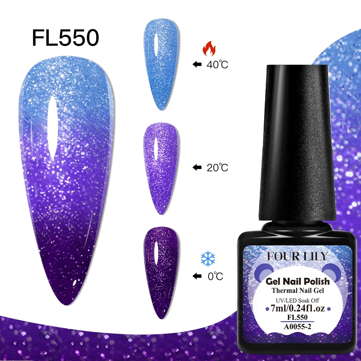 Blushimmer Four Lily 7ml thermal nail gel polish set with three color-changing semi-permanent UV/LED gels for manicure designs