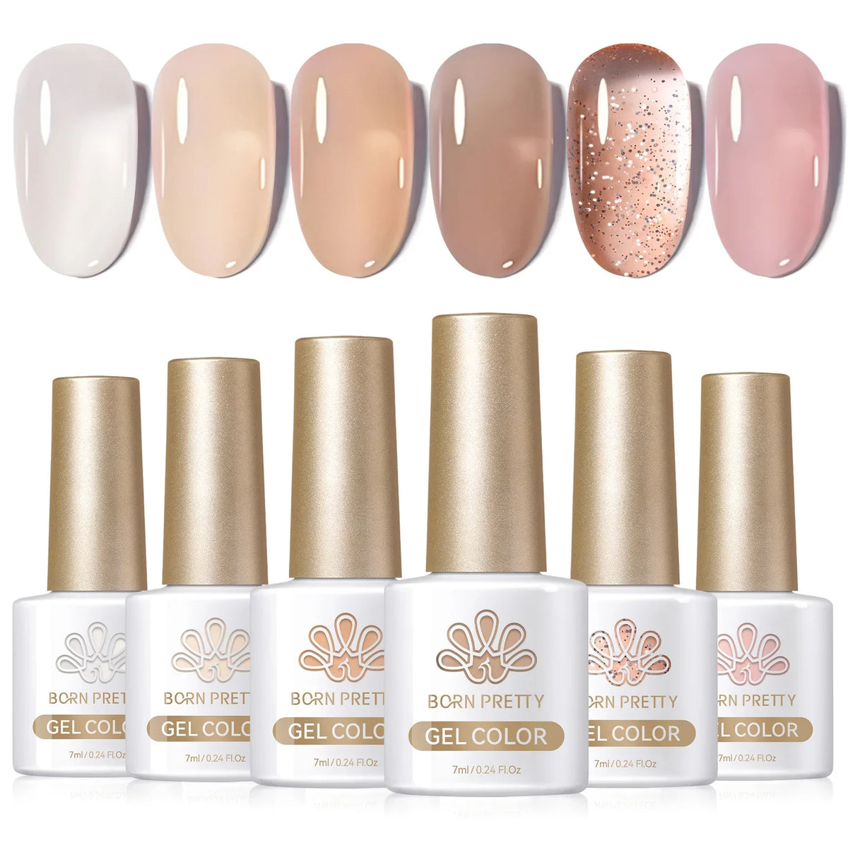 Born Pretty crystal amber gel nail polish set with six jelly pink and nude shades, perfect for winter semi-permanent manicure.