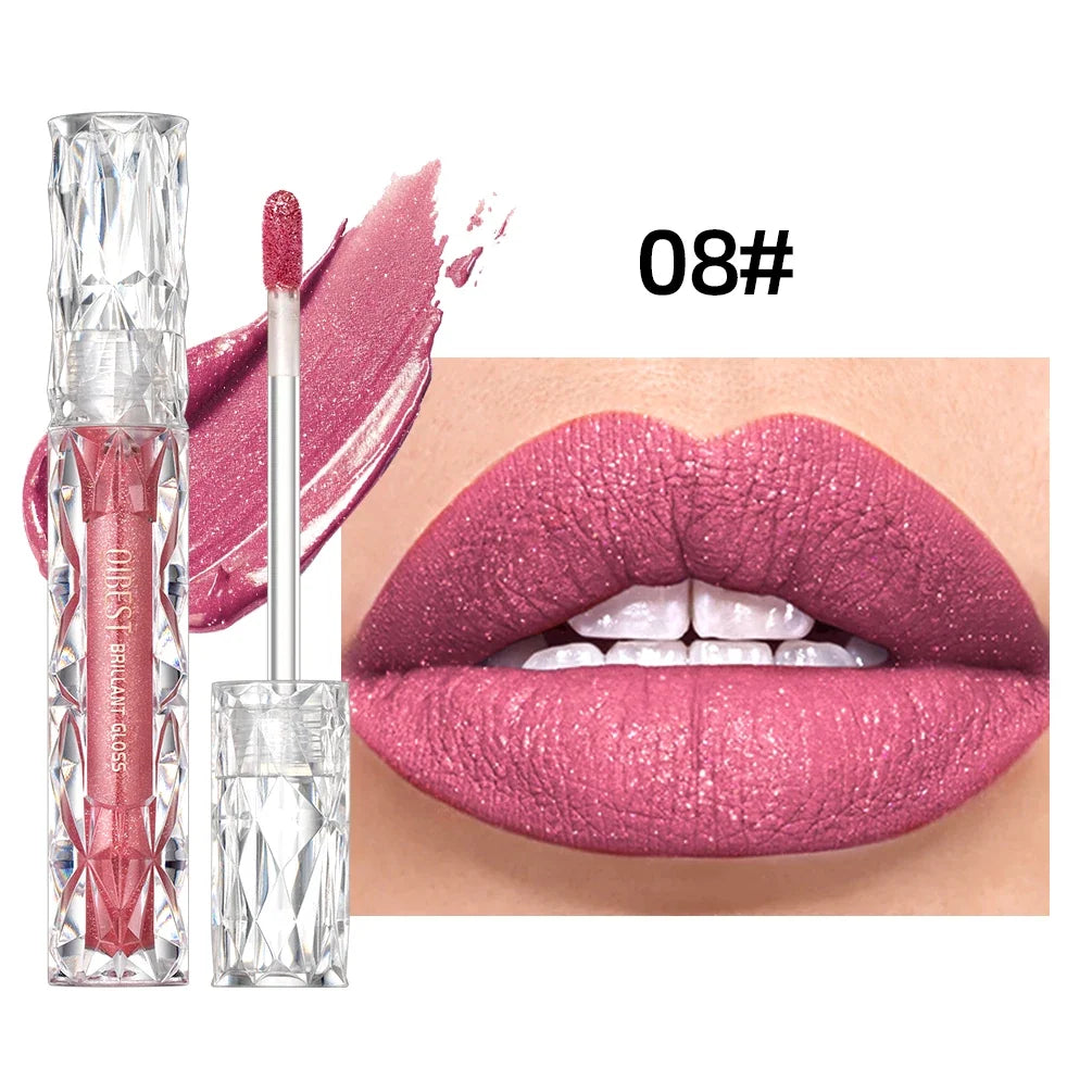 Blushimmer QIBEST 10-color matte and shiny glitter liquid lipstick with waterproof, long-lasting lip gloss on model lips.