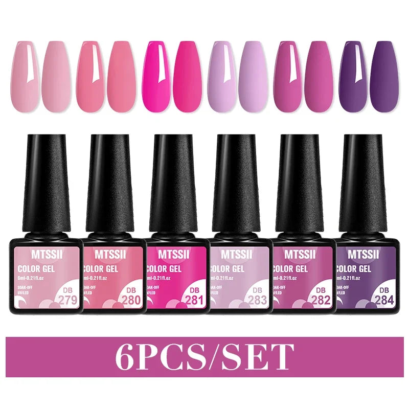 Set of six Blushimmer sparkly red gel nail polishes with shiny finish, ideal for LED and UV gel nail art and manicures.